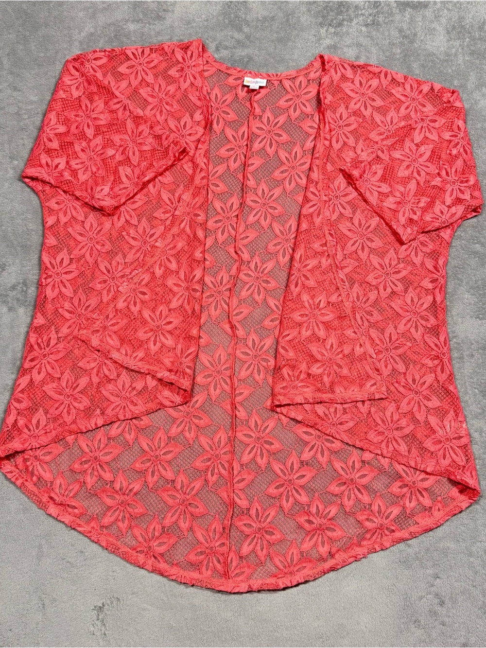 LuLaRoe Shirley Kimono Cardigan Size M Coral Pink Floral Lace Sheer Cover Up